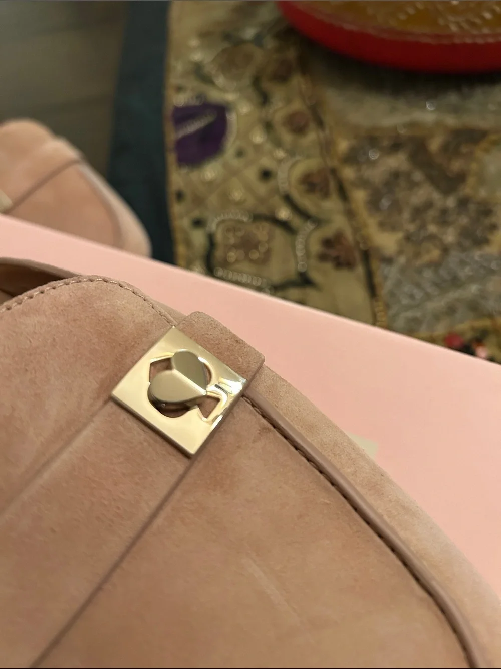 kate spade Blush Pink Suede Backless Loafers with Gold Logo Accent